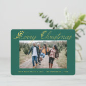 メリークリスマス離れ金ゴールドタイポグラフィグリーンフォト シーズンカード (スタンド正面)