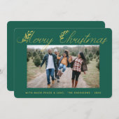 メリークリスマス離れ金ゴールドタイポグラフィグリーンフォト シーズンカード (正面/裏面)