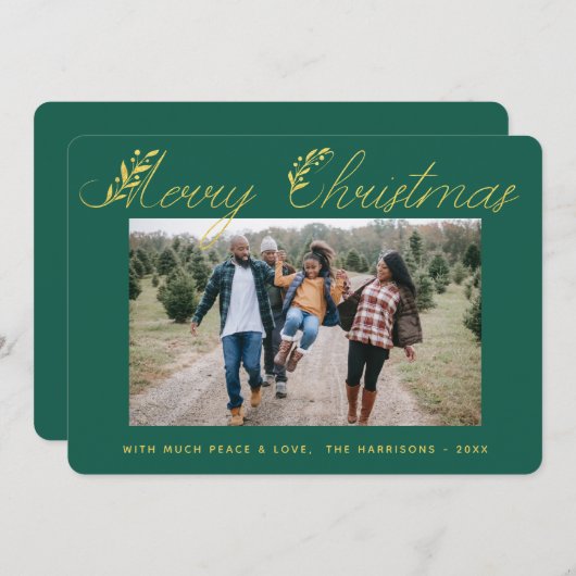 メリークリスマス離れ金ゴールドタイポグラフィグリーンフォト シーズンカード (正面/裏面)