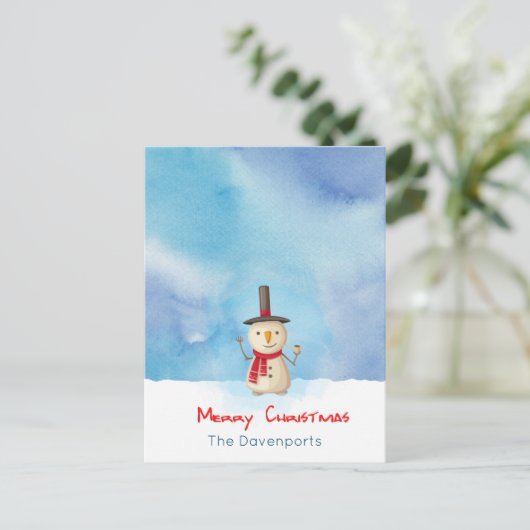 メリークリスマス雪だるまが手を振って微笑む シーズンポストカード (スタンド正面)