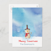 メリークリスマス雪だるまが手を振って微笑む シーズンポストカード (正面/裏面)