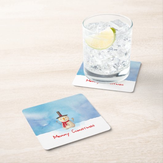 メリークリスマス雪だるまが手を振って微笑む スクエアペーパーコースター (インサイチュ)