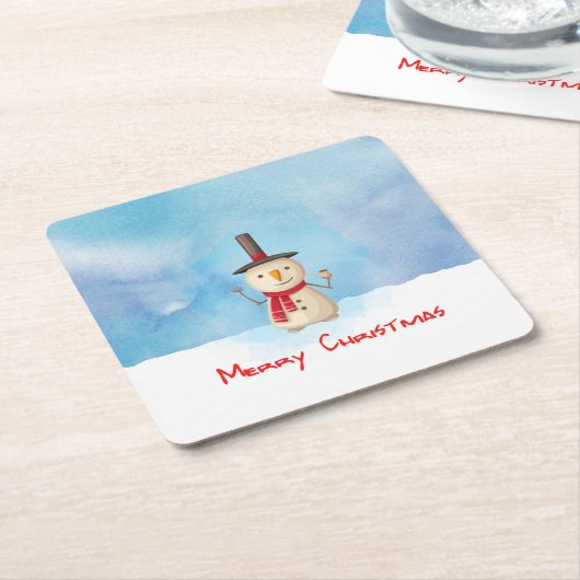 メリークリスマス雪だるまが手を振って微笑む スクエアペーパーコースター (アングル)