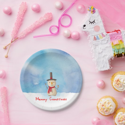 メリークリスマス雪だるまが手を振って微笑む ペーパープレート (パーティー)