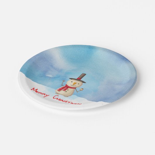 メリークリスマス雪だるまが手を振って微笑む ペーパープレート (アングル)