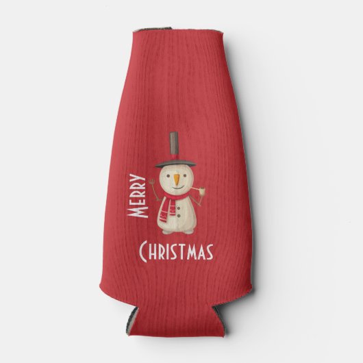 メリークリスマス雪だるまが手を振って微笑む ボトルクーラー (正面)