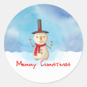 メリークリスマス雪だるまが手を振って微笑む ラウンドシール