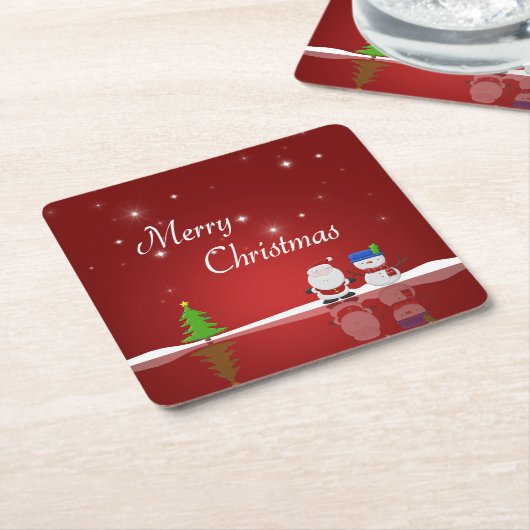 メリークリスマス雪だるまとサンタ スクエアペーパーコースター (アングル)