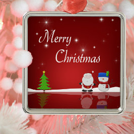 メリークリスマス雪だるまとサンタ メタルオーナメント