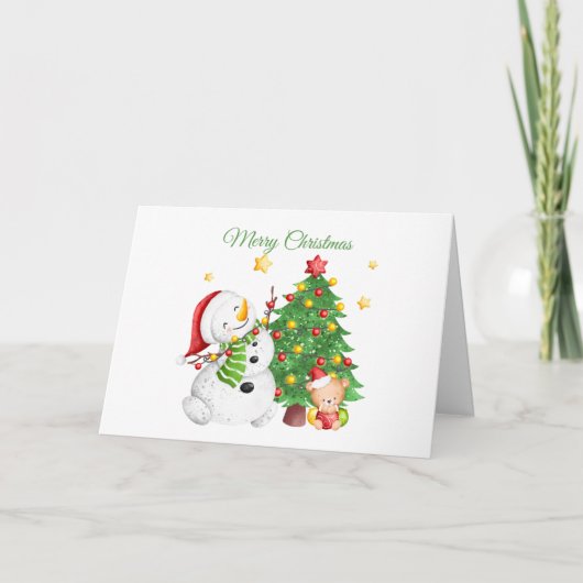 メリークリスマス雪だるまとテディベア カード (正面)