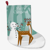 メリークリスマス雪だるまとトナカイ ラージクリスマスストッキング (正面)