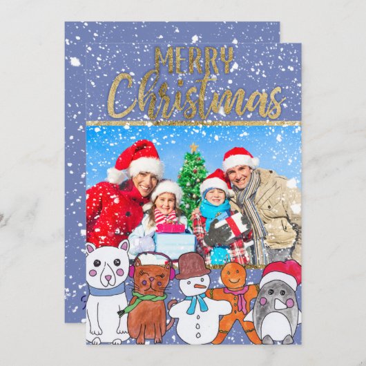 メリークリスマス雪だるまと友人の家族の写真 シーズンカード (正面/裏面)