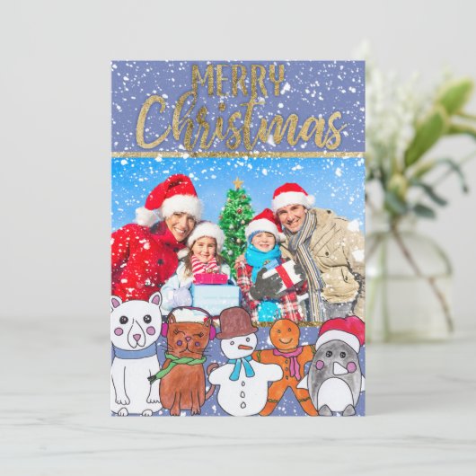 メリークリスマス雪だるまと友人の家族の写真 シーズンカード (スタンド正面)