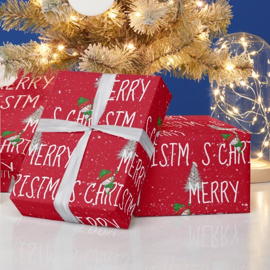 メリークリスマス雪だるまと雪の木 ラッピングペーパー (クリスマス)