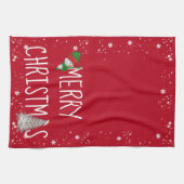 メリークリスマス雪だるまオンレッド キッチンタオル (横)