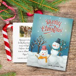 メリークリスマス雪だるまカスタム家族の写真 ポストカード<br><div class="desc">前祝に冬の雪だるまシーンが描かれ、後ろ側にの個人的なノートと写真がカスタム描かれたクリスマスハガキの季節。これらのオプションを簡単に削除できる。このハガキは友人にも家族にもスマイルを持って来る事が確実だ。</div>