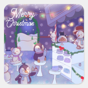 メリークリスマス雪だるまカフェ スクエアシール