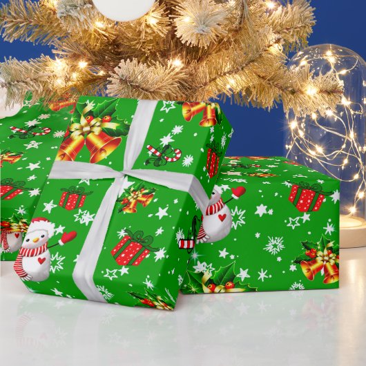メリークリスマス雪だるまクリスマスベルズスターグリーン ラッピングペーパー (クリスマス)