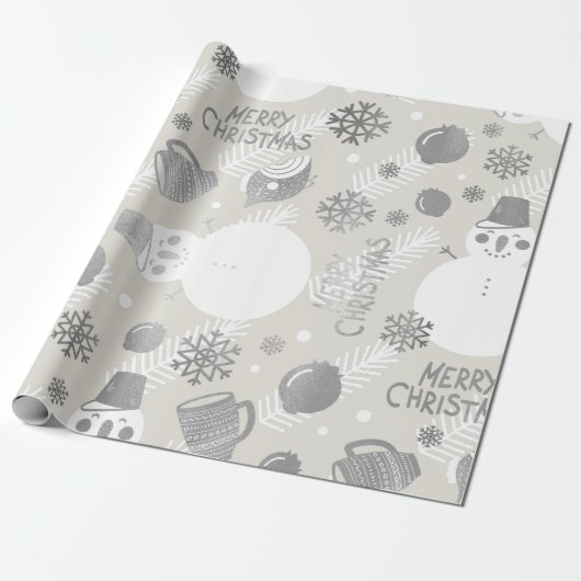 メリークリスマス雪だるまコーヒーマグシルバーホワイト ラッピングペーパー (アンロールド)