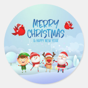 メリークリスマス雪だるまサンタクロースルドルフ小妖精や小人 ラウンドシール