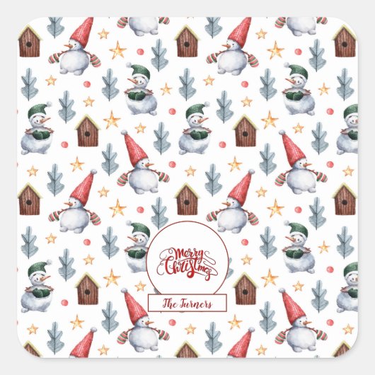 メリークリスマス雪だるまスノーフレークスモノグラム スクエアシール (正面)