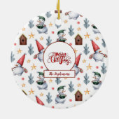 メリークリスマス雪だるまスノーフレークスモノグラム セラミックオーナメント (裏面)