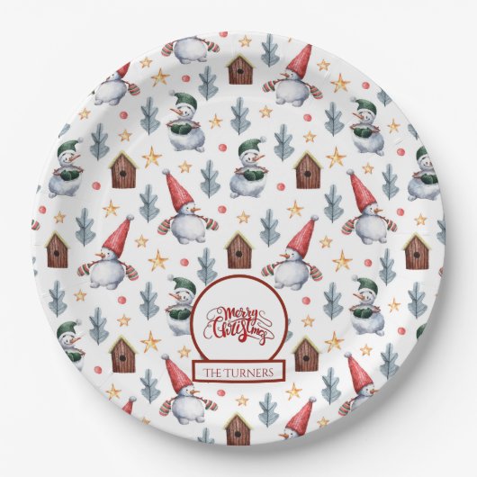 メリークリスマス雪だるまスノーフレークスモノグラム ペーパープレート (正面)