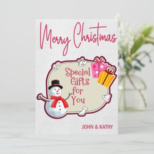 メリークリスマス雪だるまプレゼントホリデーカード シーズンカード (スタンド正面)
