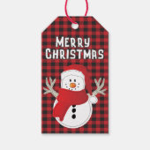 メリークリスマス雪だるまレッドブラックバッファロープレイド ギフトタグ (正面)