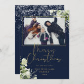 メリークリスマス雪のフローラ金ゴールドと青い写真 シーズンカード (正面/裏面)