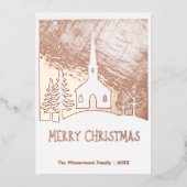 メリークリスマス雪の冬の教会パーソナライズされた 箔シーズンカード (正面)