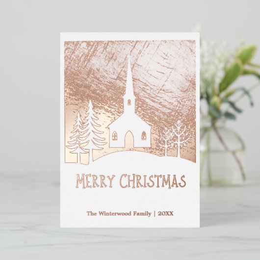 メリークリスマス雪の冬の教会パーソナライズされた 箔シーズンカード (立ち正面)