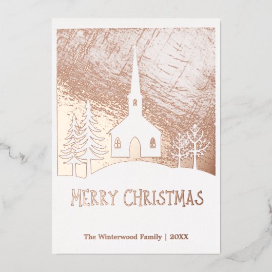 メリークリスマス雪の冬の教会パーソナライズされた 箔シーズンカード (正面)