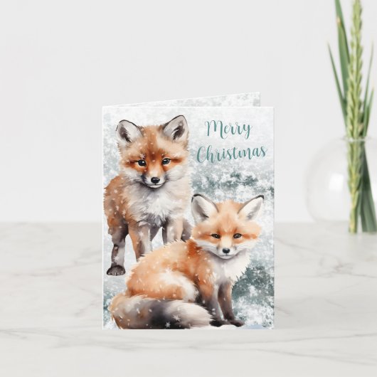 メリークリスマス雪の冬の赤いキツネ子 シーズンカード (正面)