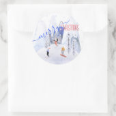 メリークリスマス雪の山のシーンスキーヤー ラウンドシール (バッグ)