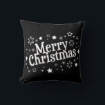 メリークリスマス雪の結晶スターズブラック クッション<br><div class="desc">雪の結晶と星と黒と白のクリスマス枕。白いフォントを持つ黒いクリスマス装飾用クッションことわざメリークリスマス。シックなクリスマス装飾のための白黒のフェスティバルにデザインした。</div>