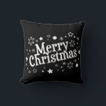 メリークリスマス雪の結晶スターズブラック クッション<br><div class="desc">雪の結晶と星と黒と白のクリスマス枕。白いフォントを持つ黒いクリスマス装飾用クッションことわざメリークリスマス。シックなクリスマス装飾のための白黒のフェスティバルにデザインした。</div>