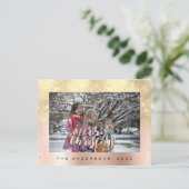 メリークリスマス雪バラ金ゴールド写真グリッタースパーク ポストカード (スタンド正面)