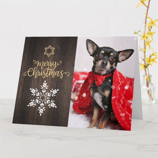 メリークリスマス雪片とウッドドッグの写真 カード (黄色い花)