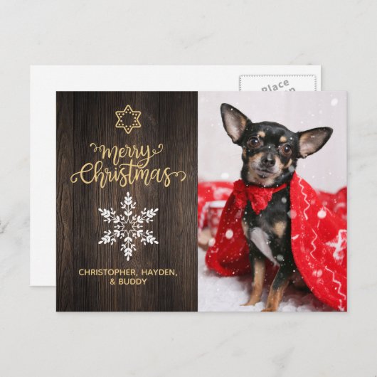メリークリスマス雪片とウッドドッグの写真 ポストカード (正面/裏面)