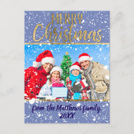 メリークリスマス雪秋金ゴールド文字家族写真 シーズンポストカード