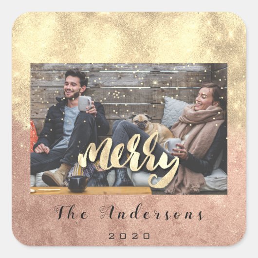 メリークリスマス雪紙吹雪バラ金ゴールド写真 スクエアシール (正面)