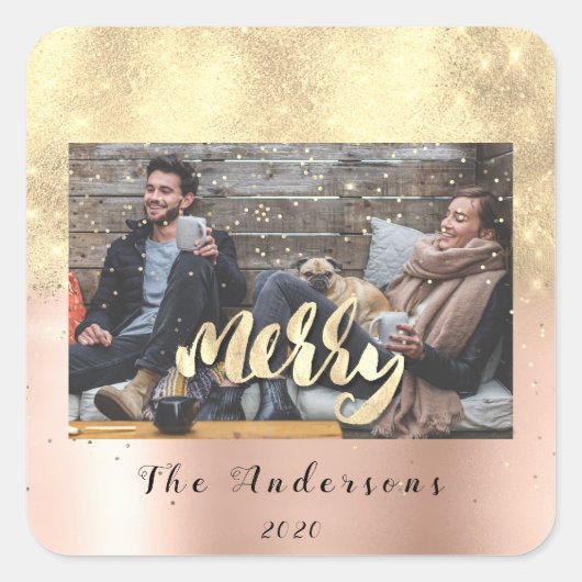 メリークリスマス雪紙吹雪バラ金ゴールド写真 スクエアシール (正面)