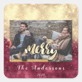 メリークリスマス雪紙吹雪バーガンディ金ゴールド写真 スクエアシール