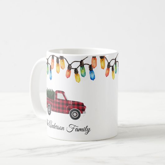 メリークリスマス電球トラックツリーの家族名 コーヒーマグカップ (正面左)
