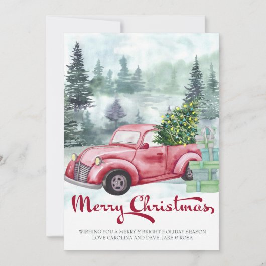 メリークリスマス霧の森とヴィンテージレッドトラック (正面)
