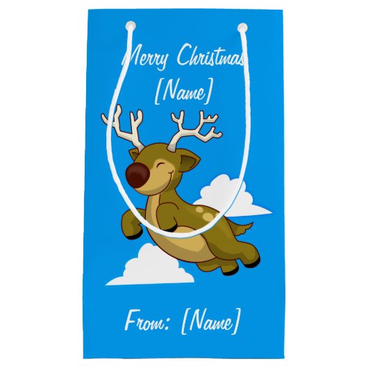 メリークリスマス飛んでいるトナカイかわいい スモールペーパーバッグ (正面)