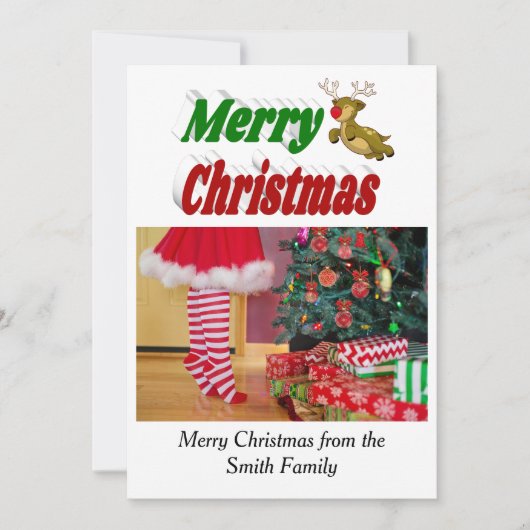 メリークリスマス飛んでいるトナカイの写真タイポグラフィ シーズンカード (正面)