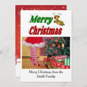 メリークリスマス飛んでいるトナカイの写真タイポグラフィ シーズンカード (正面/裏面)