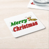 メリークリスマス飛んでいるトナカイタイポグラフィ スクエアペーパーコースター (アングル)